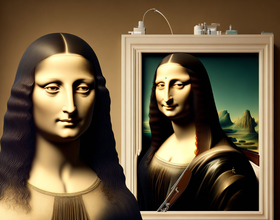 3D-rendered figure resembling Mona Lisa outside canvas in room with toiletries