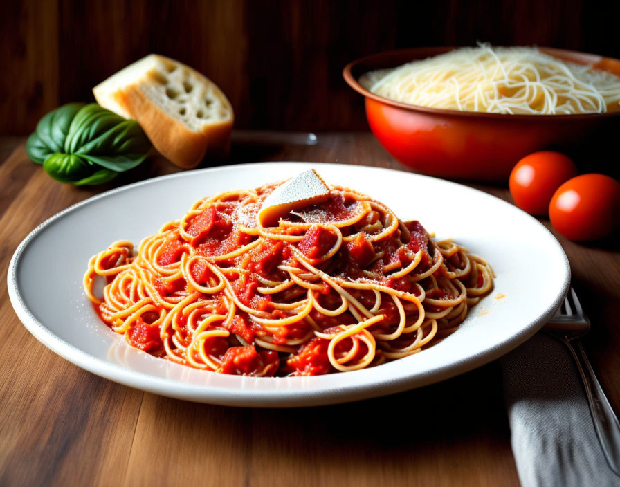 Plate of spaghetti with tomato sauce, basil leaf, cheese, bread, and tomatoes.