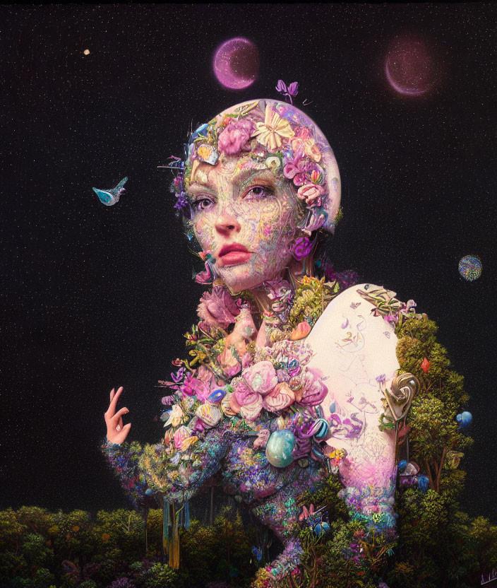 Surreal portrait with floral figure and cosmic backdrop