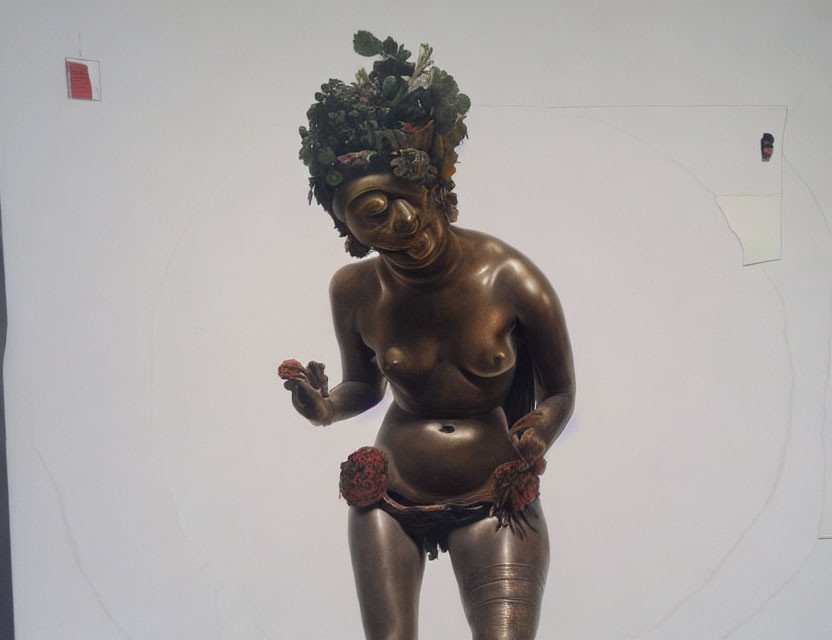 Metallic figure sculpture with floral headpiece and spheres on torn white backdrop