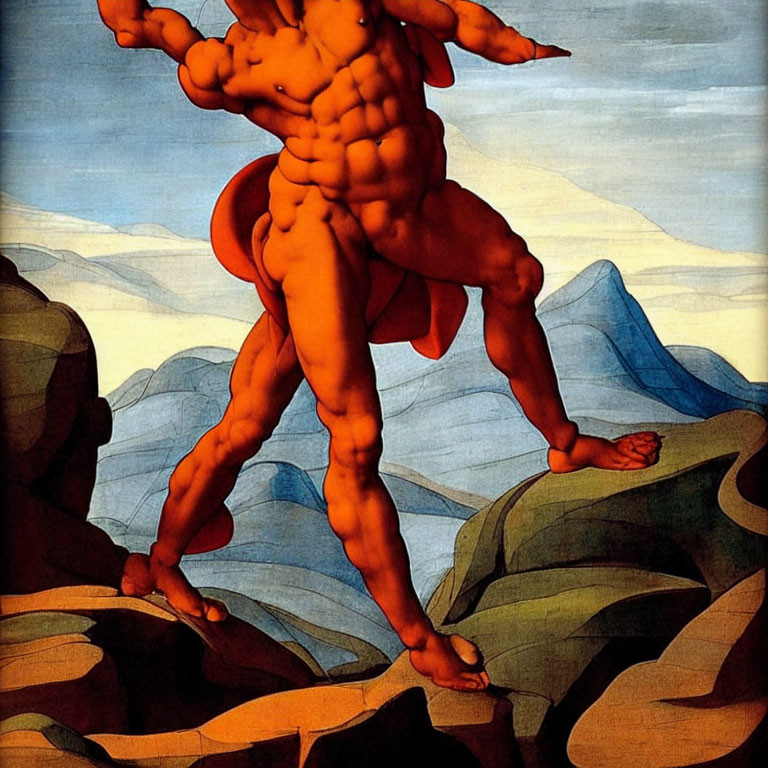 Muscular red figure in mythic landscape with blue mountains