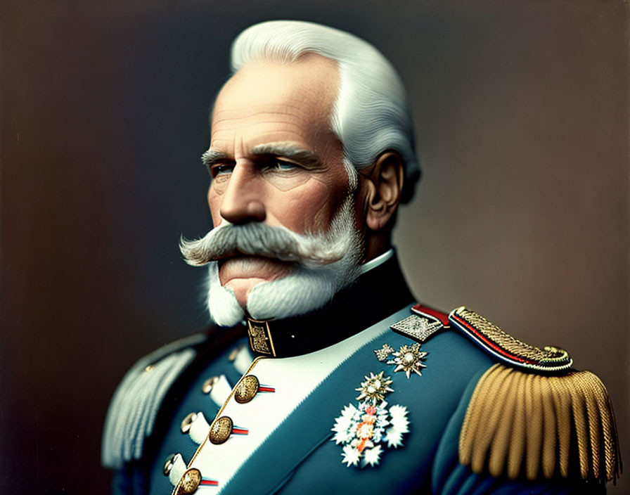 Elderly man in military uniform with white mustache and hair