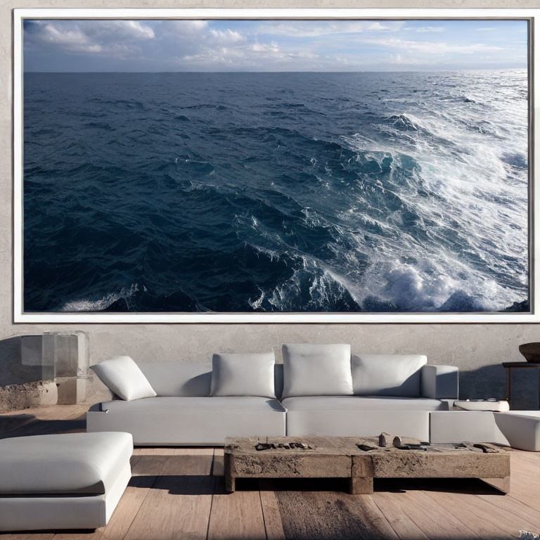 Contemporary living room with ocean photograph, white sectional sofa, wooden coffee table, and sea view terrace