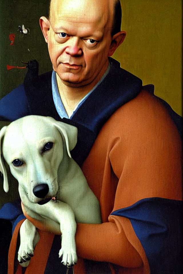 Surreal painting of man in blue and orange robes hugging white dog