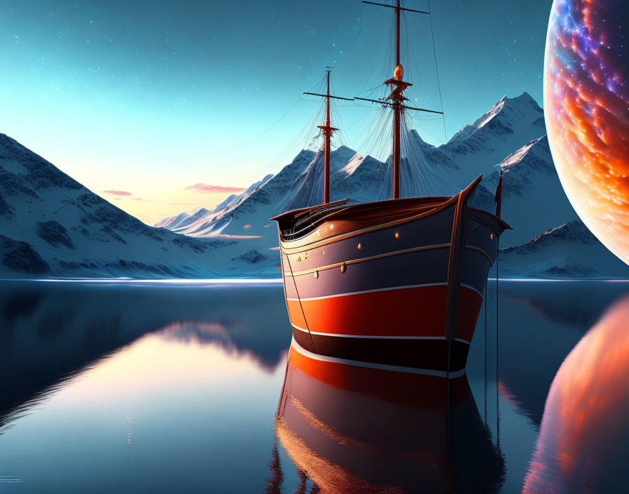 Old ship on tranquil lake with snowy mountains and starry sky.