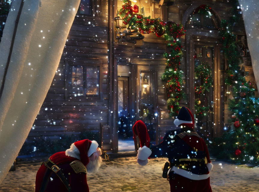 Festive Christmas scene with two Santa Clauses, decorated house, and falling snow