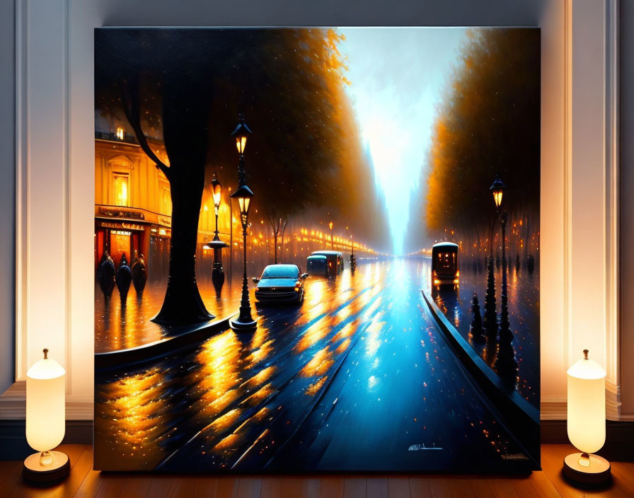 Large Framed Painting: Wet Street at Night with Pedestrians and Classic Car