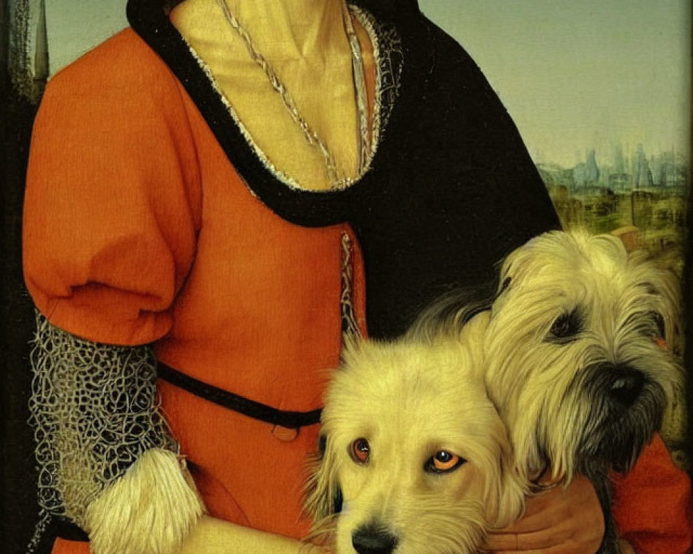 Portrait of Person in Red Gown with Two Dogs in Landscape