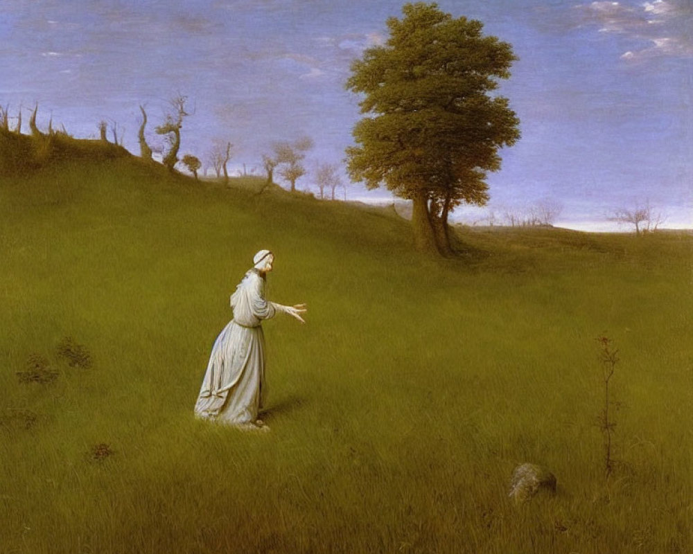 Solitary woman in period dress standing in lush field with tree, under vast sky