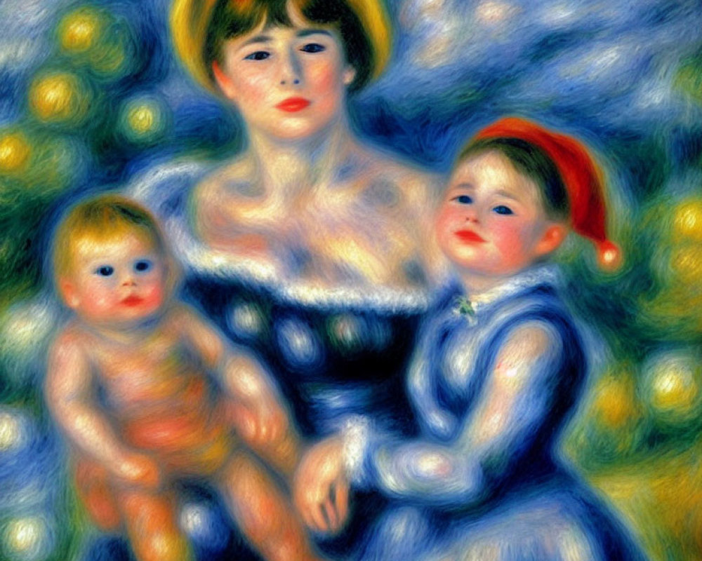 Impressionistic painting of mother with two children in yellow and blue tones