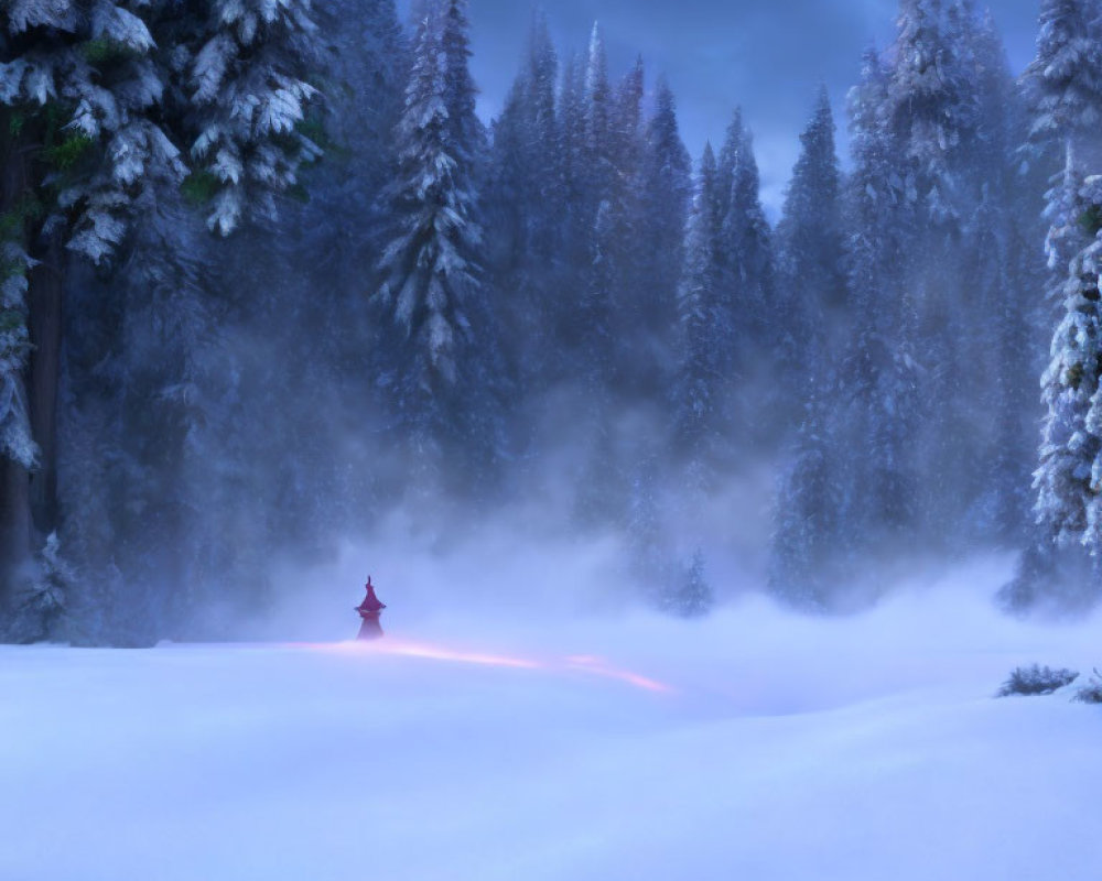 Snowy forest with mist and figure in red cloak in tranquil wintry landscape