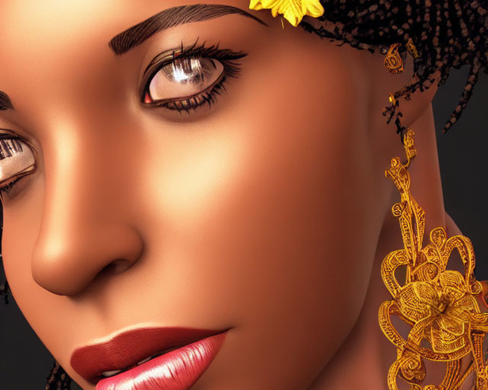 Detailed digital portrait of woman with yellow flowers, brown eyes, full lips, and gold jewelry