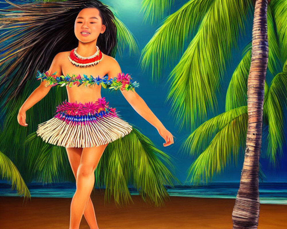 Traditional hula dance on tropical beach at night