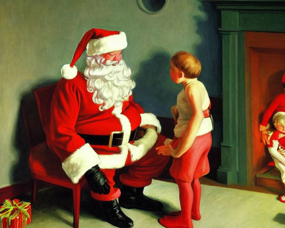 Child in red pajamas meets Santa Claus in festive Christmas room