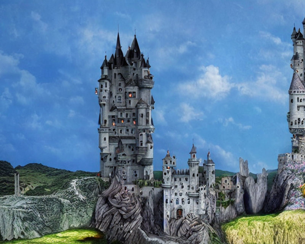 Fantastical castle with spires and towers on rocky landscape