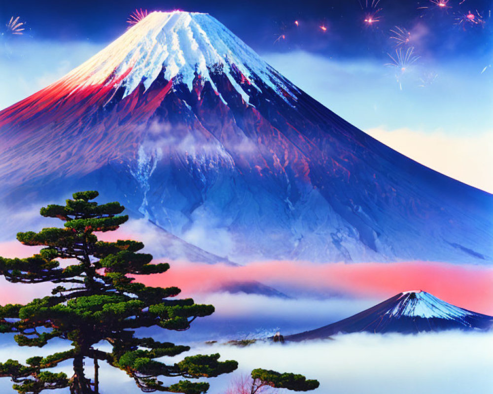 Snow-capped Mount Fuji at twilight with fireworks and silhouetted tree