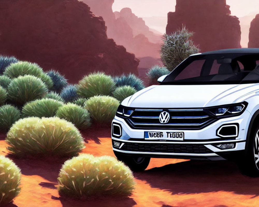 White Volkswagen Tiguan SUV parked in desert landscape with rocky terrain and green shrubbery.