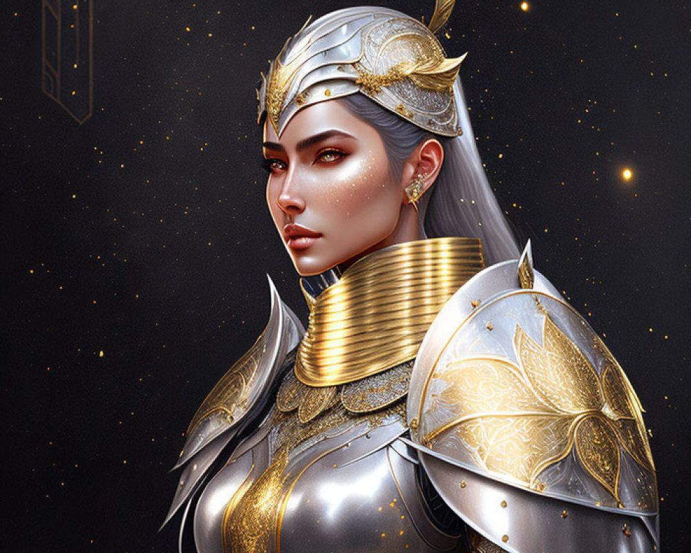 Female warrior digital artwork in golden armor against cosmic backdrop