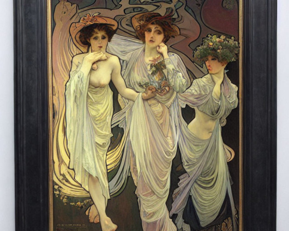 Ethereal women in Art Nouveau style painting with floral accents