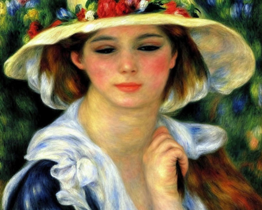 Portrait of woman with rosy cheeks in floral hat & light blue dress.