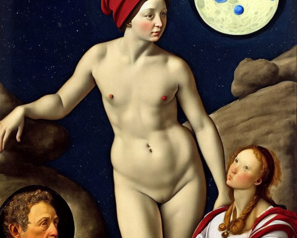 Renaissance Painting: Nude Female, Red Hat, Moon Faces, Male Portrait, Clothed Woman