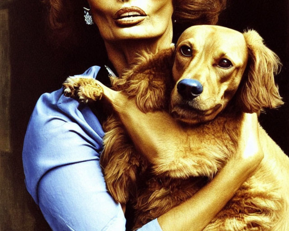 Woman with voluminous hair and dramatic makeup holding golden retriever puppy.