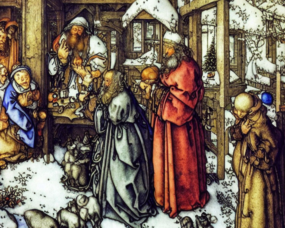 Medieval snowy scene with people in cloaks and tunics conversing and trading