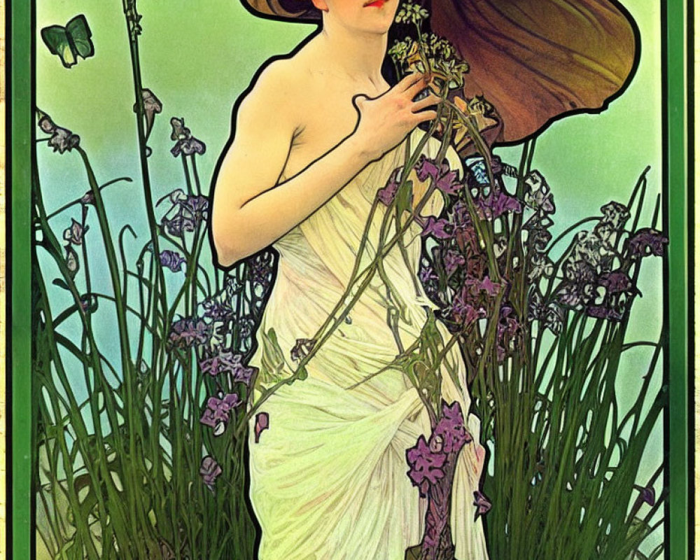 Art Nouveau Woman in White Dress with Wide-Brimmed Hat surrounded by Green Stalks and