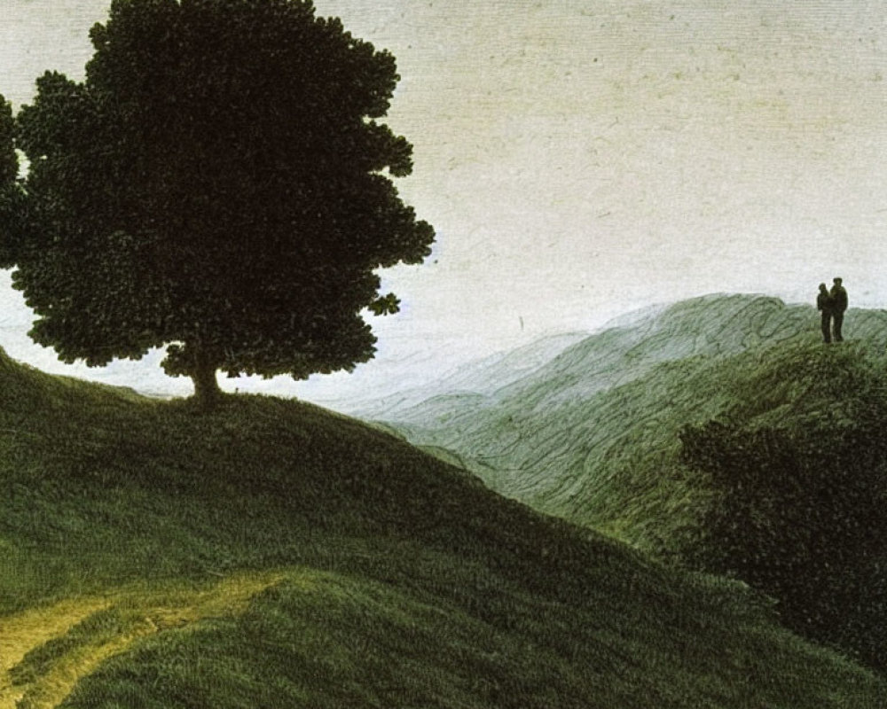 Scenic landscape with two figures under a large tree