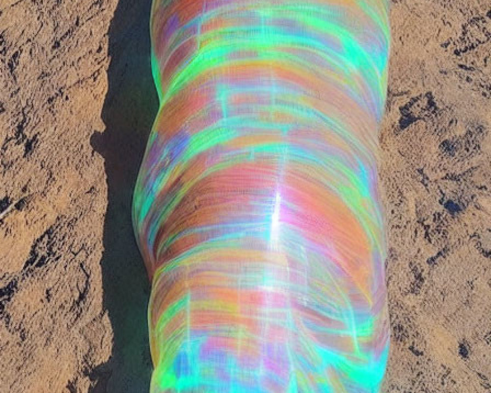 Person covered in iridescent cloth reflecting rainbow colors on sandy ground