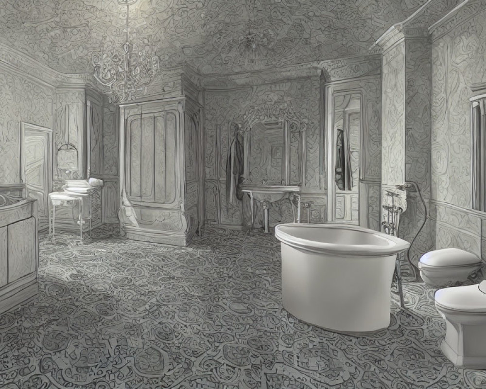 Vintage Bathroom Illustration with Ornate Walls and Freestanding Tub