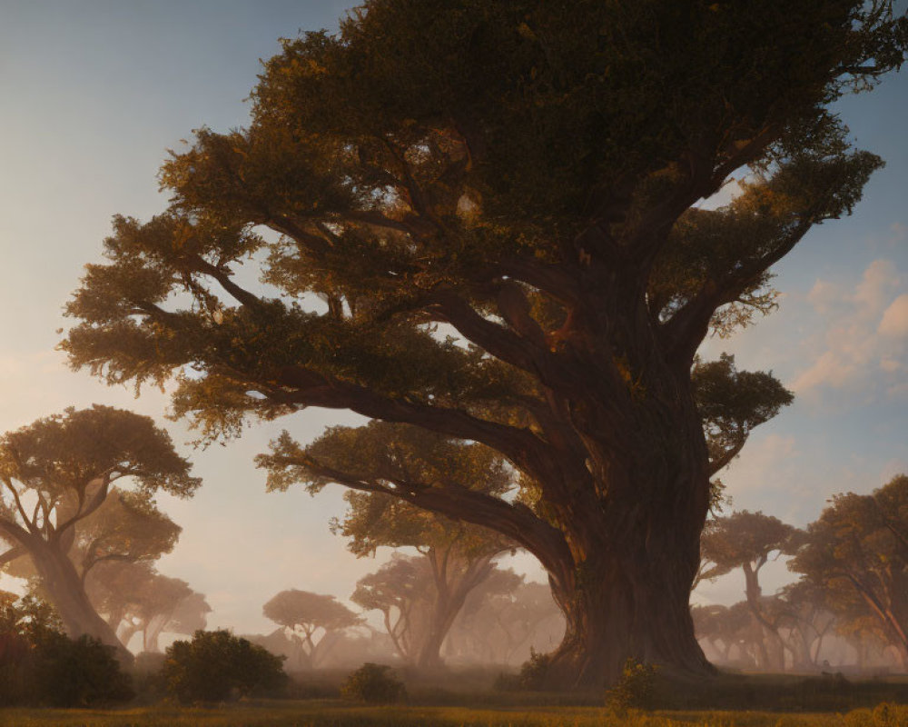 Majestic tree in misty savannah at sunrise