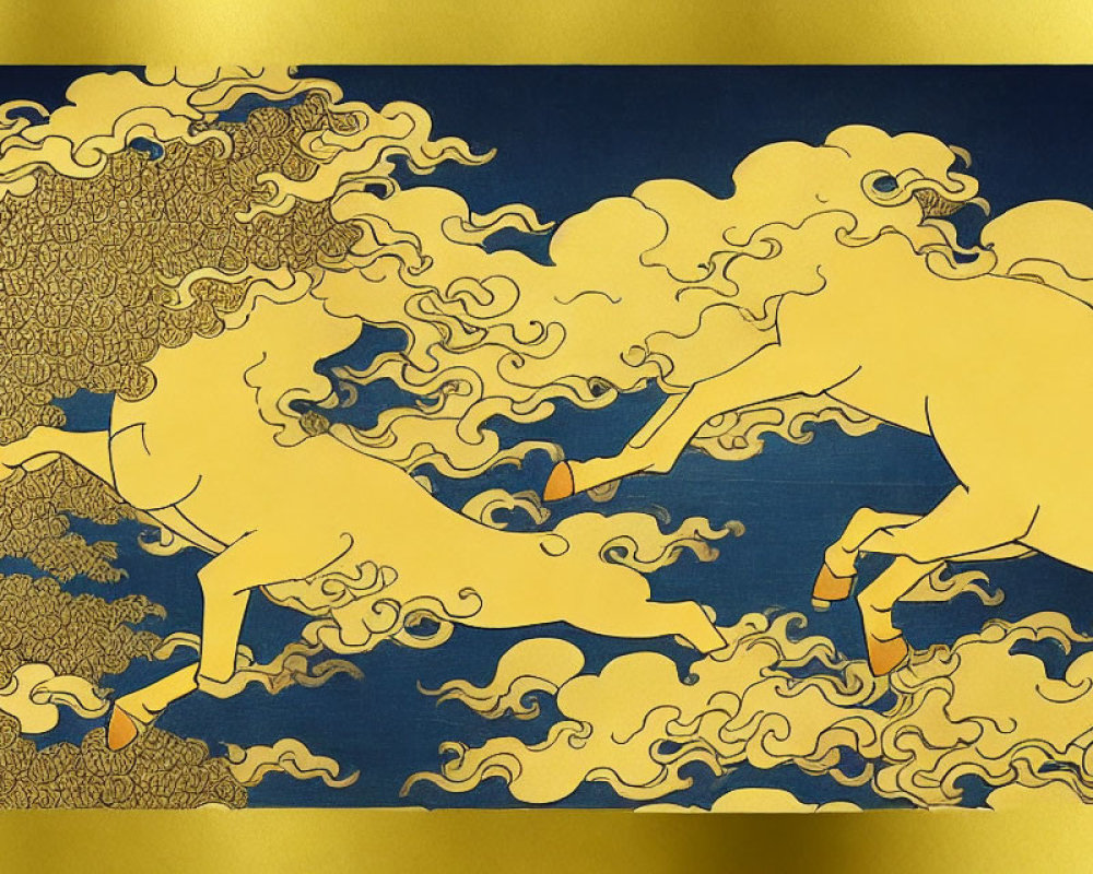 Golden horses gallop in East Asian art style on blue and yellow background