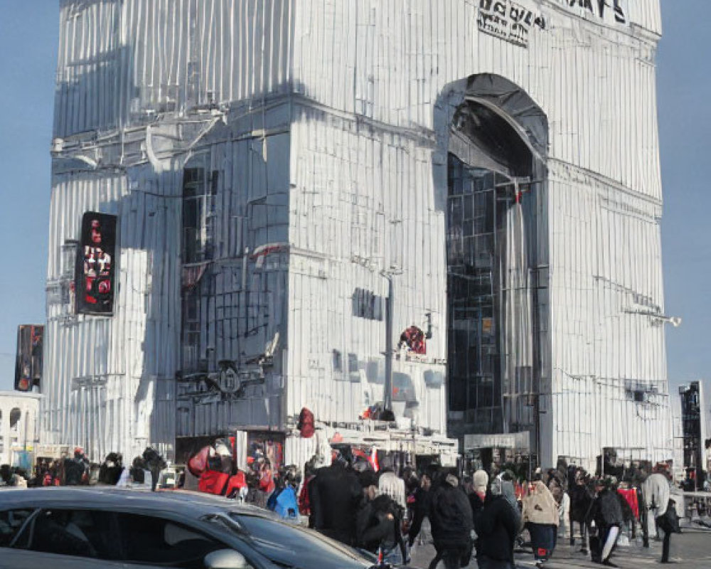 Graffiti-covered building with white drapery, people, and cars on a sunny day