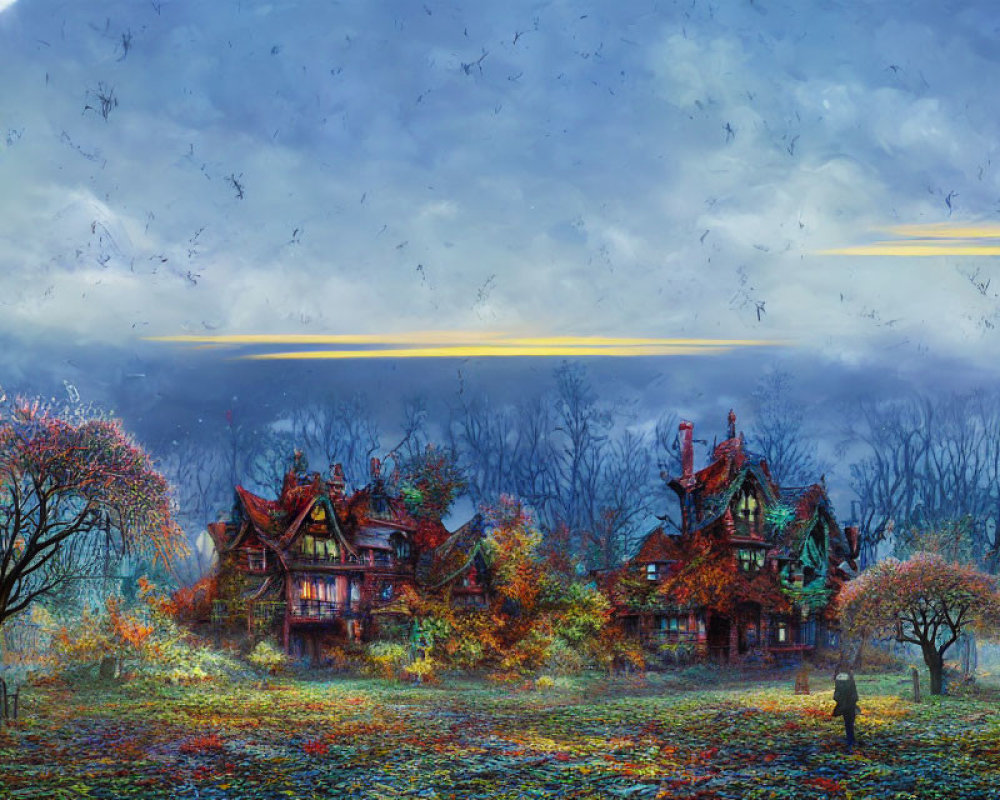 Whimsical autumn fantasy landscape with colorful trees and birds