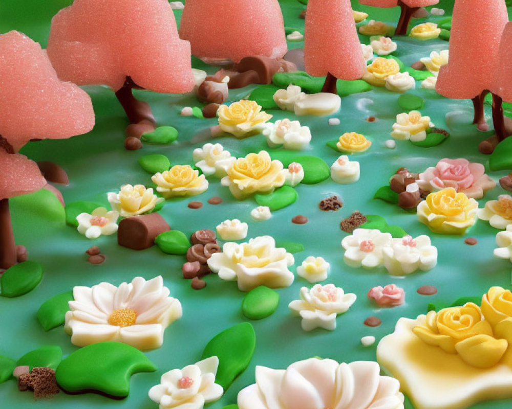 Colorful Candy Forest Illustration with Pink Trees and Chocolate Trunks