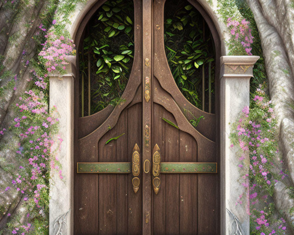 Ornate wooden door with stone pillars and blooming pink flowers