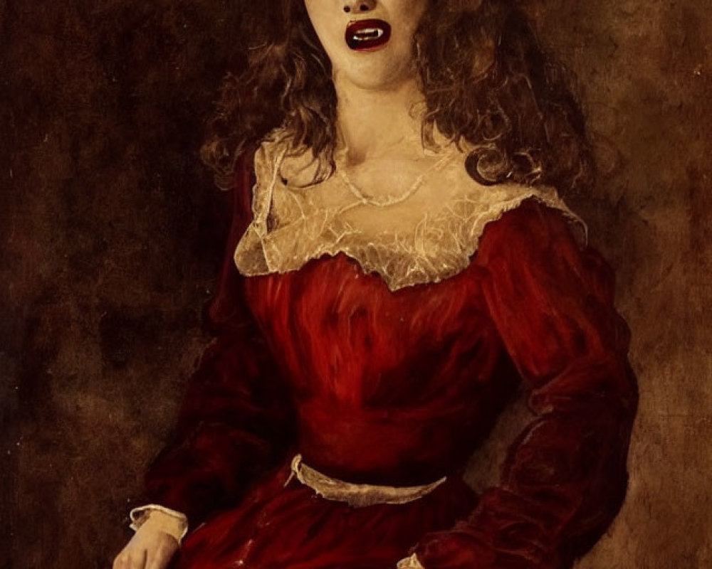 Portrait of a Woman in Red Dress with Lace Collar, Capturing Emotional Expression