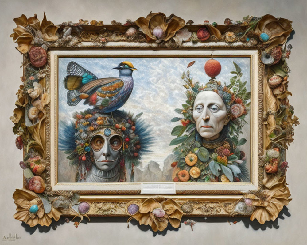 Surrealist painting of humanoid faces with nature elements in ornate frame