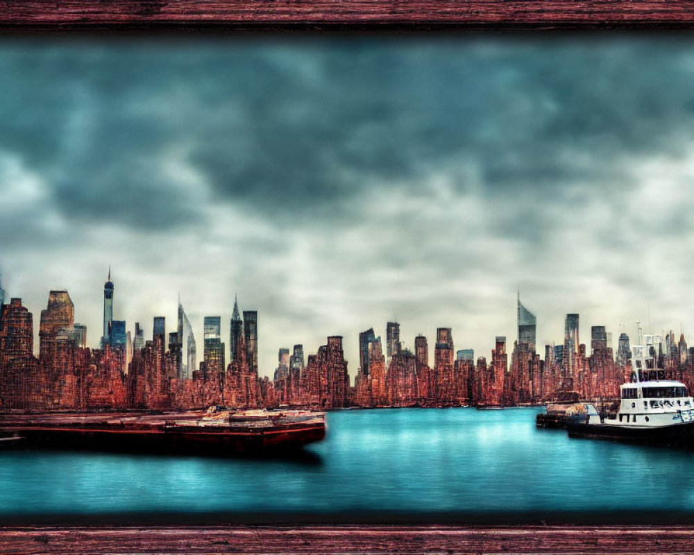 Stylized New York City skyline artwork with reddish hues over calm waters