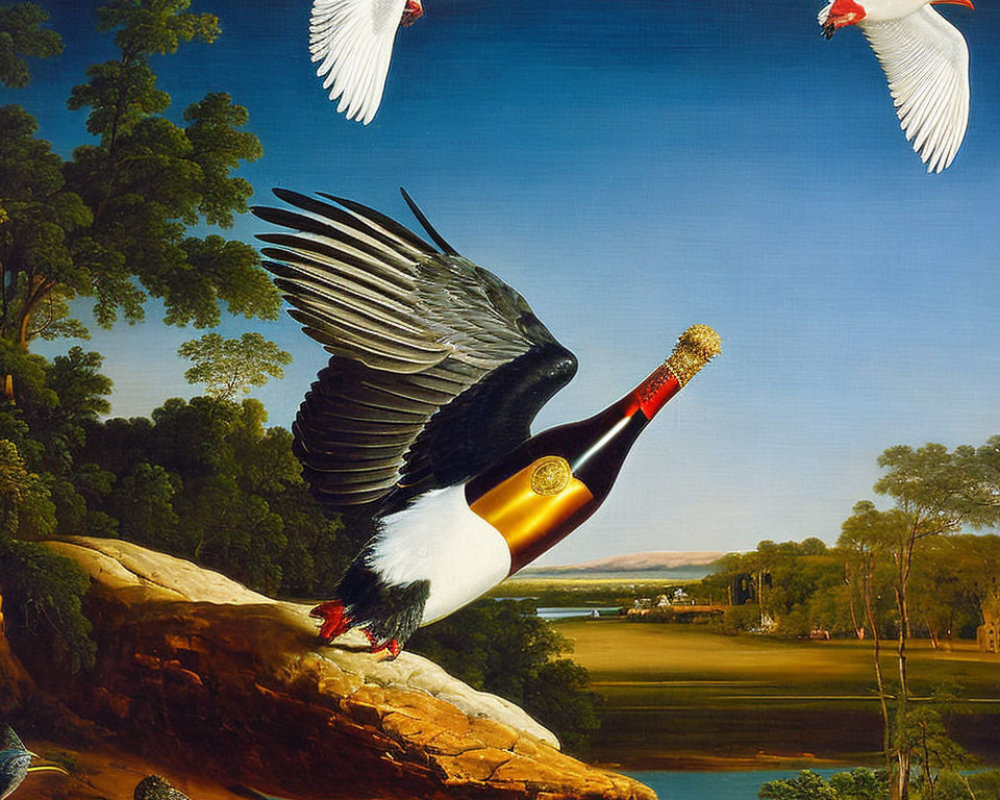 Altered painting of black and white bird with bottle body on cliff, two flying birds in serene landscape