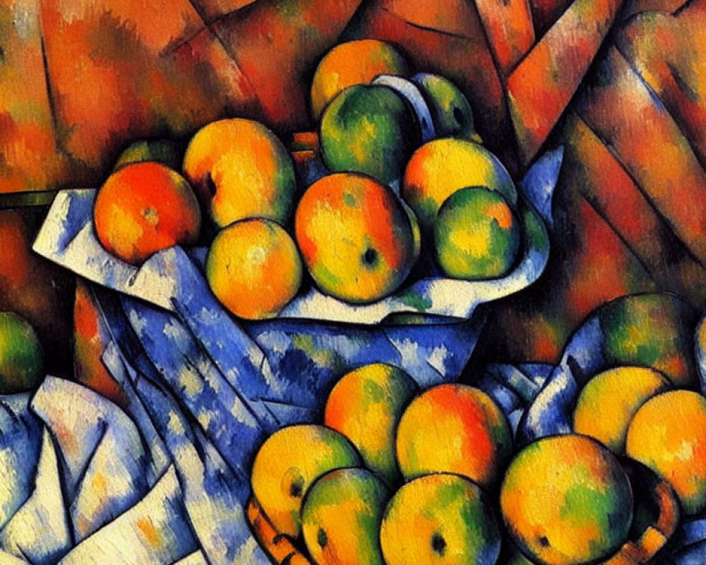 Vibrant cubist fruit bowl painting with oranges and apples