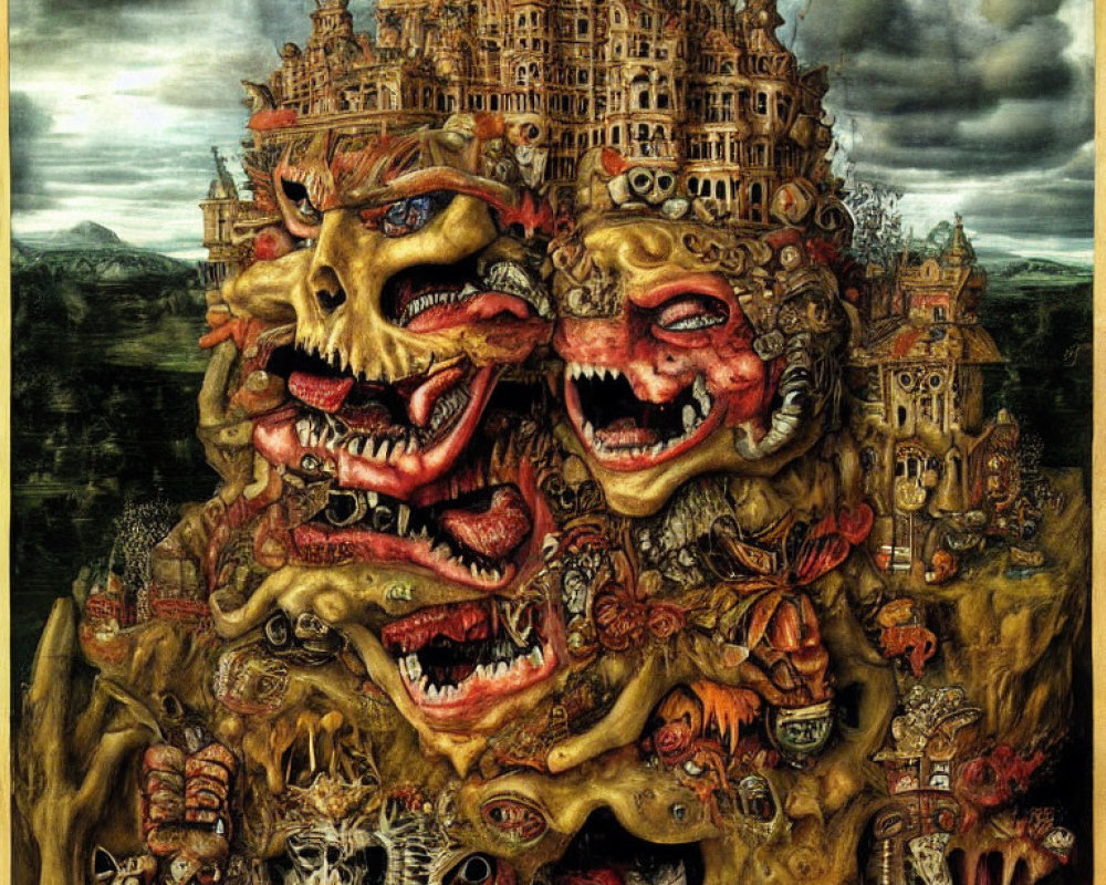 Surreal painting with grotesque faces in chaotic, multi-layered structure