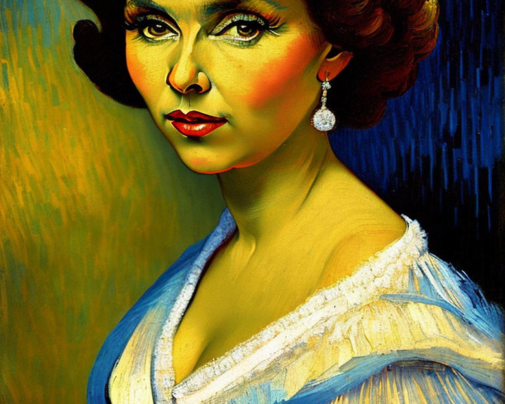 Vibrant portrait of a woman with bold makeup and elegant attire on a golden-blue background