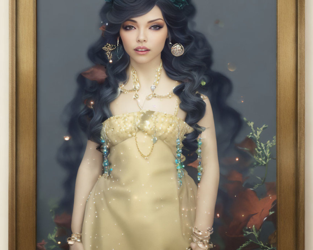 Woman with Wavy Blue Hair in Golden Dress Illustration in Wooden Frame