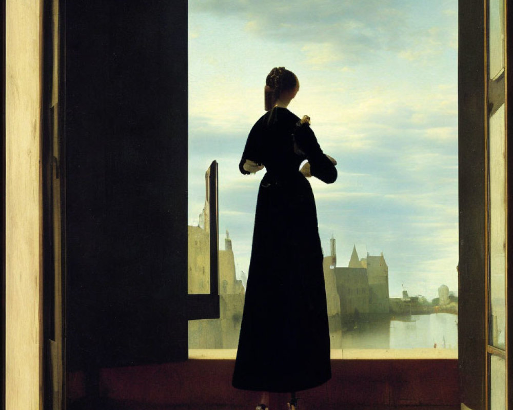 Woman in black dress gazes at calm river and old cityscape from open window