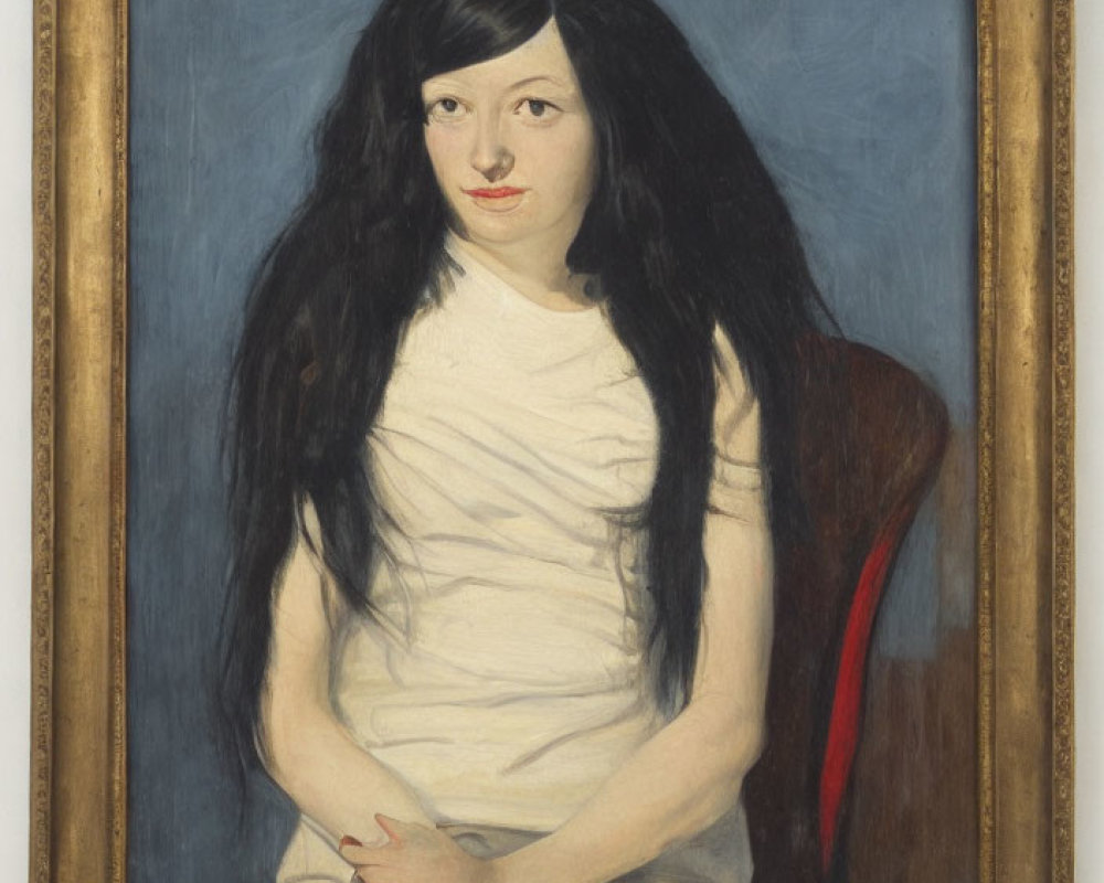 Portrait Painting of Seated Young Woman in White Dress with Black Hair