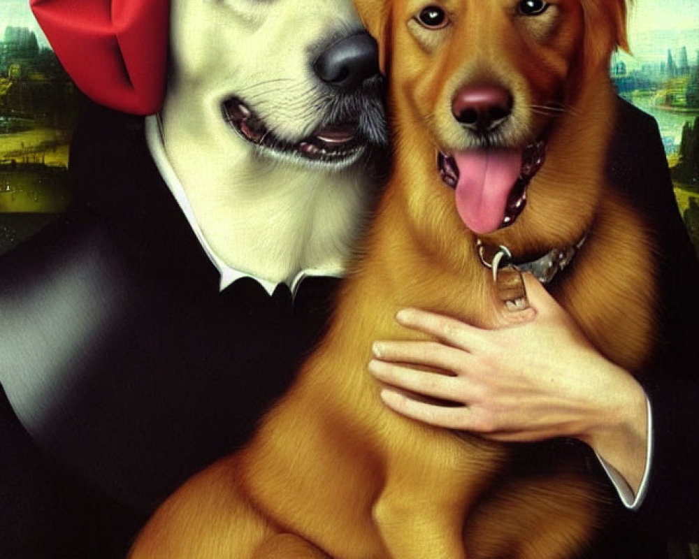 Whimsical Renaissance-style painting of two dogs embracing