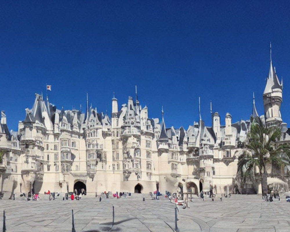 Grandiose Castle with Multiple Spires and Turrets in Panoramic View