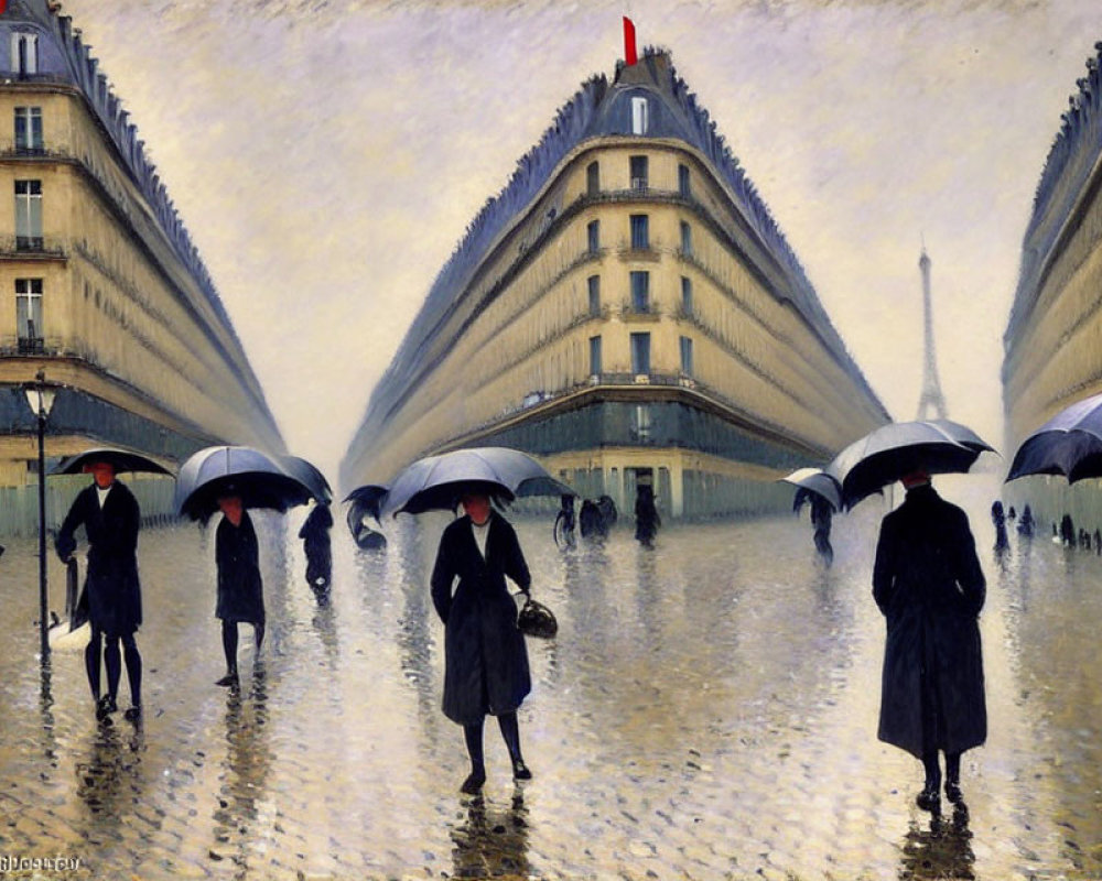 Rainy day scene with people and umbrellas near triangular building and Eiffel Tower.